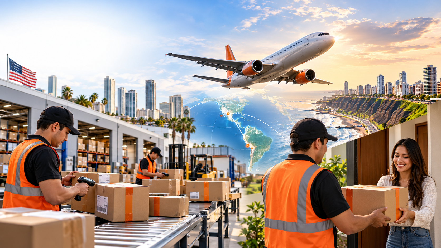 Imagen fotográfica del proceso de courier: recepción de paquetes en Estados Unidos, transporte aéreo y entrega al cliente en Perú